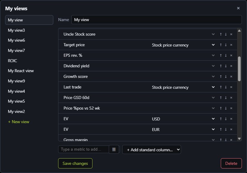 The personal views editor: saved views listed on the left, the chosen view's columns on the right, each row with its display currency, arrows to reorder it and a cross to drop it